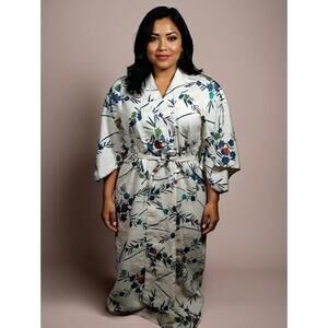 Women's Traditional Square Sleeve Kimono Cotton Linen blend Floral Rare Vintage